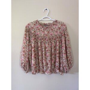 Philosophy Girls Medium Long Bubble Sleeve Floral Blouse Shirt Ruffled Neckline